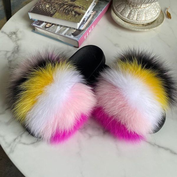 

slippers fur women real slides luxury fashion outdoor summer sandals natural raccoon home ladies 2021, Black