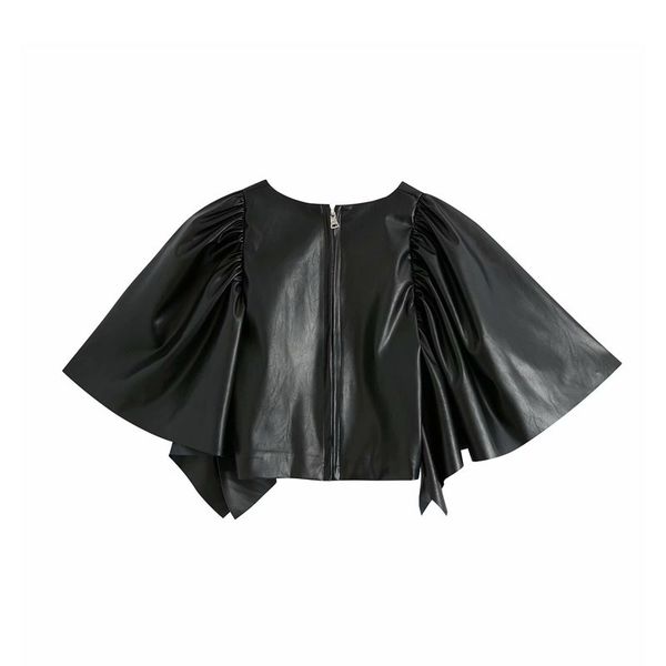 

jackets pu round neck bat sleeve black simple women's jacket hooded loose fashion all-match chic female coat, Black;brown