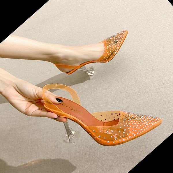 

one word with elastic small pointed toes crystal transparent women's sandals rhinestone wine glasses heels shoes, Black