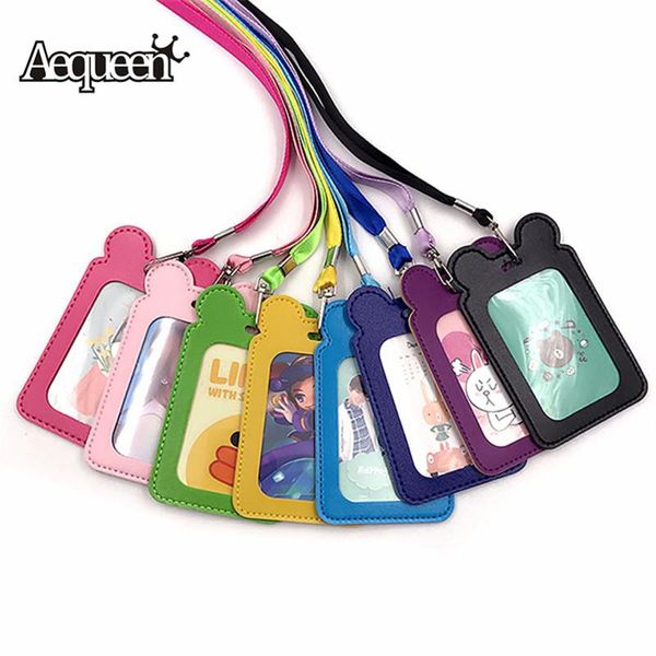 

card holders aequeen cute women men pu bank neck strap bus id candy colors ldentity badge with lanyard, Brown;gray