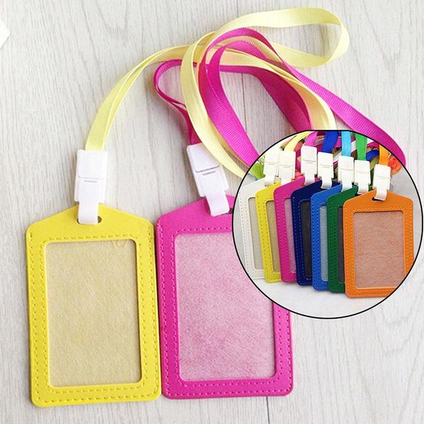 

card holders 1pc pu id case with necklace lanyard business badge holder, Brown;gray