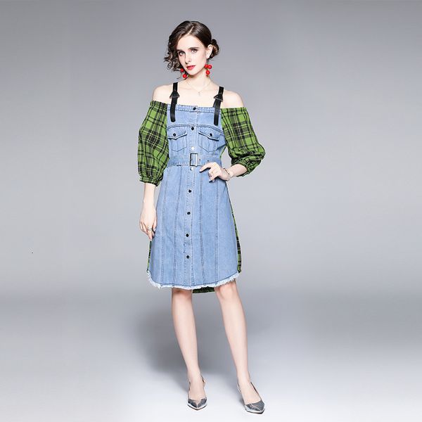 

net red skirt is very exotic autumn denim dress 2021 splicing suspender one shoulder, Black;gray