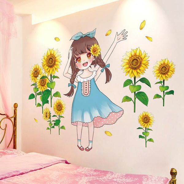 

[shijuekongjian] cartoon girl wall sticker diy sunflowers plants mural decals for kids rooms baby bedroom house decoration stickers