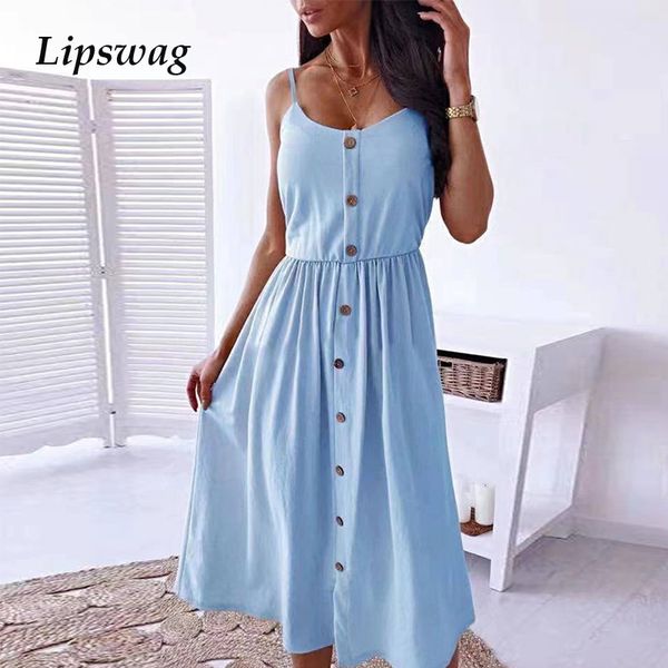 

2021 vintage solid sling a-line party dress elegant office lady long dress summer casual sleeveless button women dress vestidoshigh quality, Black;gray