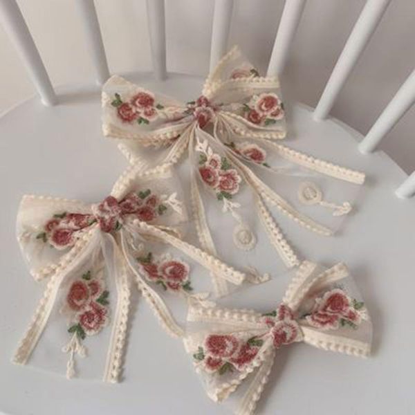 

retro fairy embroidered lace large bow hairpins sweet fabric ribbon bb hair clips pins elegant girls accessories for women, Slivery;white