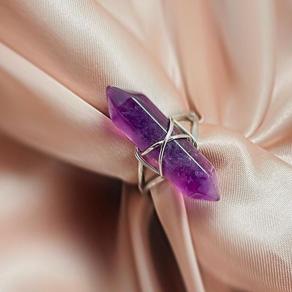 

wedding rings wirewound hexagonal natural amethyst ring for women goldsand bluesand wholesale bulk jewlery boho adjustable, Slivery;golden