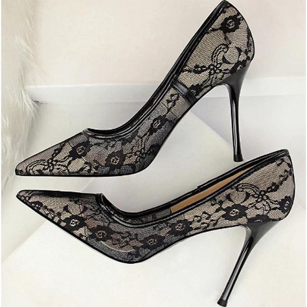 

dress shoes high heels 2021 summer fashion lace casual women pumps wedding for pointed toe party breathable footwear, Black