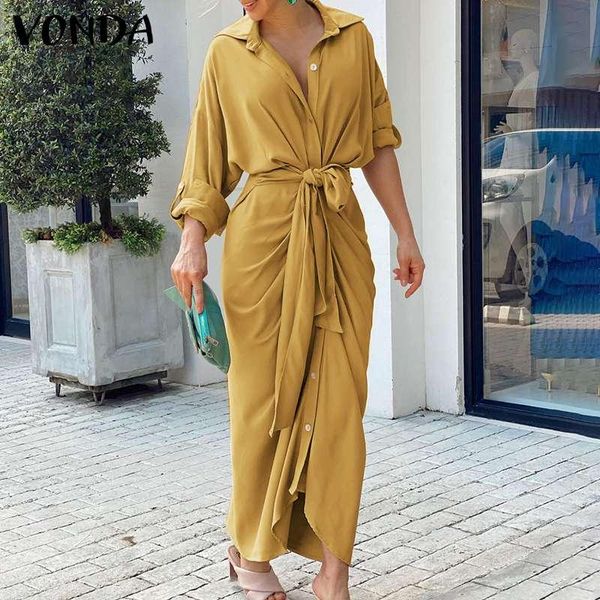 

casual dresses vonda 2021 women autumn shirt dress solid button up pleated long maxi ladies lapel collar bow ruffled hem vestido, Black;gray
