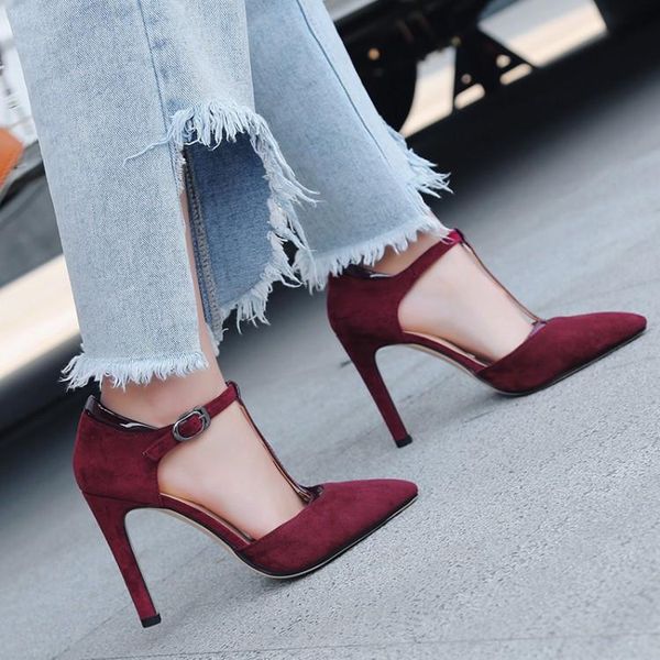 

european stiletto high heels sandals women party date office dress t-strap lady shoes pointed toe 34-43, Black