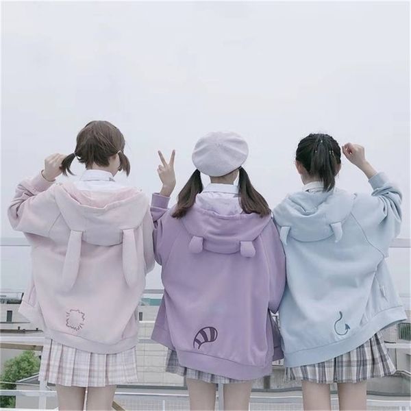 Sevimli Kulak Kap Kazak Sonbahar Kapüşonlu Hoodie Streetwear Kadın Boy Hoodies Rahat Kawaii Kış Japonya Tarzı Kız 210909