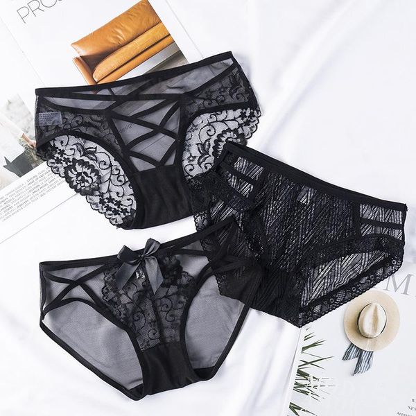 

women's panties lace for women solid underwear breathable cotton underpants briefs fashion female transparent lingerie 2021, Black;pink