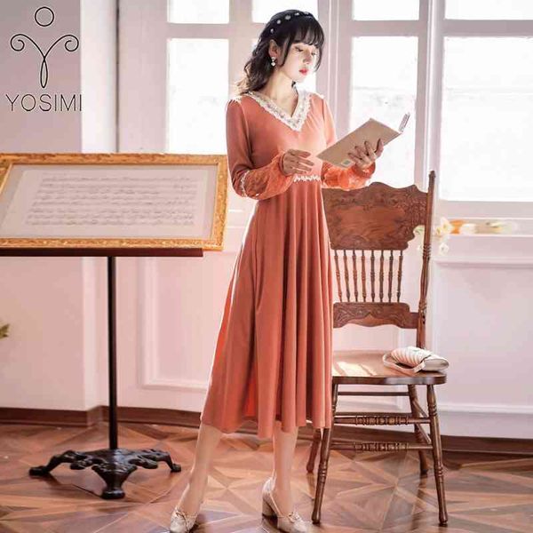 

yosimi long women dress midi spring orange patchwork white embroidery v-neck mid-calf a-line lace sleeve elegant 210604, Black;gray