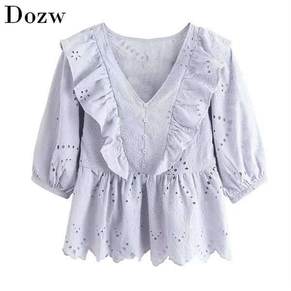 

solid ruffles embroidery blouse women v neck pleated elegant shirt lady hollow out chic stylish blouse blusas mujer 210414, White