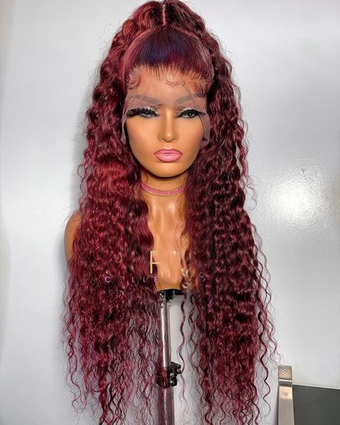 

26inch soft loose water wave long 99j wine red color wigs lace front hair wig synthetic heat resistance fiber wigs 180% density, Black