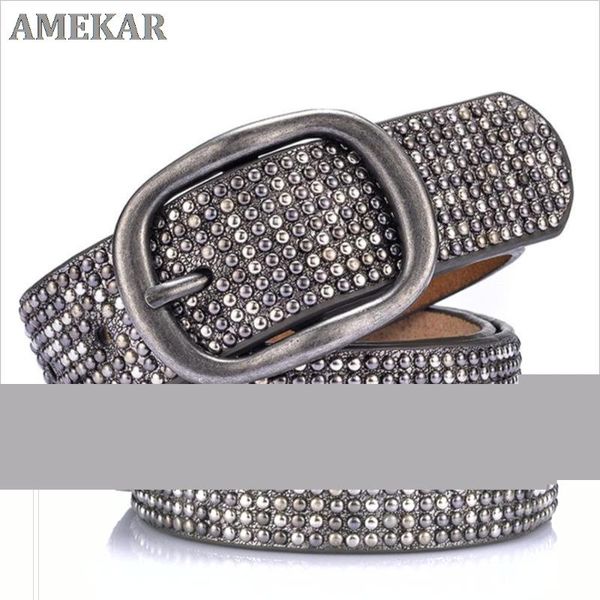 

supsindy woman leather belt geometric rivet pin buckle pu belts for women european fashion strap jeans, Black;brown