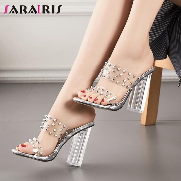 

slippers sarairis ladies high heels mules trendy summer transparent women fashion rivet decorating shoes woman, Black