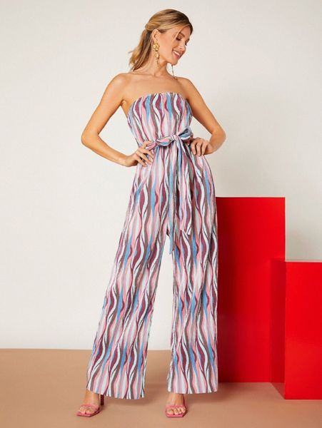 

allover print wide leg tube jumpsuit 08y1#, White