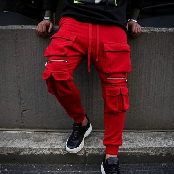 

men's pants 2021 multi-pocket hip-hop fitness slim fashion casual sports trousers streetwear jogging men sweatpants, Black