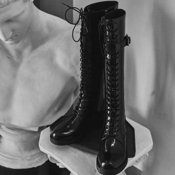 

boots black belt buckle slim long leather 2021 flat-heeled knight