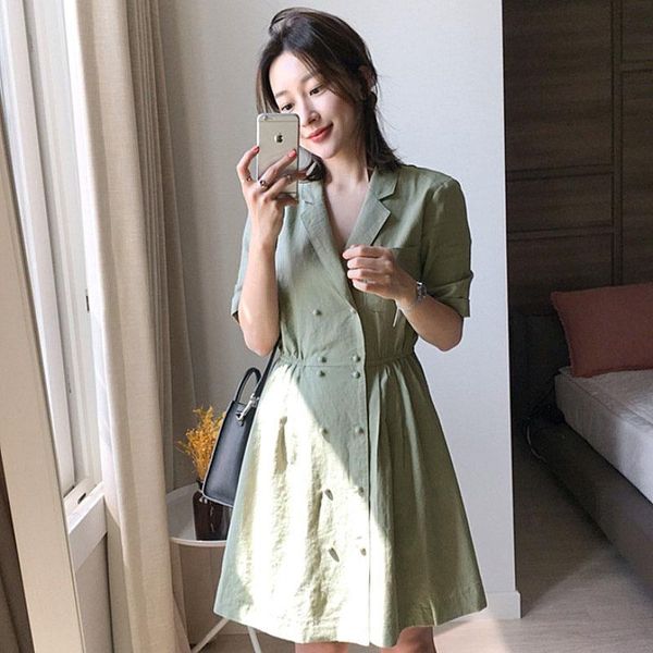 

casual dresses korean chic summer retro french double breasted suit lapel slimming temperament short sleeve small size dress women, Black;gray