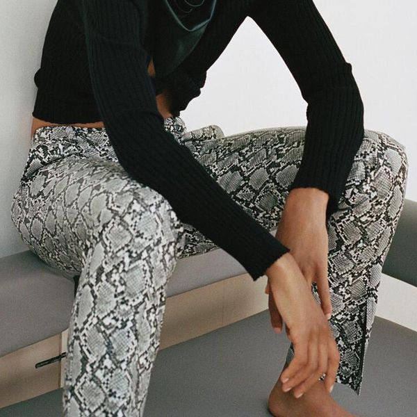 

women's pants & capris katara casual faux leather women fashion serpentine printed split trousers elegant pencil female ladies ia, Black;white