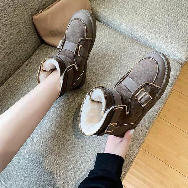 

boots design women winter snow plush lining keep warm shoes buckle zipper decoration lady booties causal ankle, Black