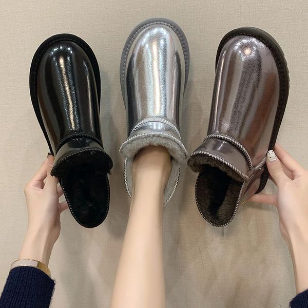 

boots fashion women natural sheep fur lined winter snow real leather casual warm shoes waterproof flats with zipper black