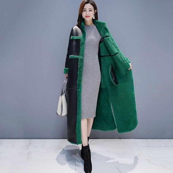 

women's leather & faux 2021 winter coat double-sided wearable lamb fur long pu women clothing chaquetas mujer manteau femme, Black