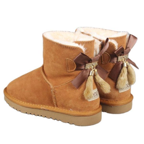 Stiefel Klassische Rindsleder Kurzer Plüsch Pelz gefütterter Frauen Knöchel Winter Wildleder Schnee mit Bowknots Mink Quasten Warme Schuhe