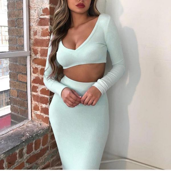 

two piece dress set v-neck long sleeve crop skirt club party summer clothes for women outfits 2021, White