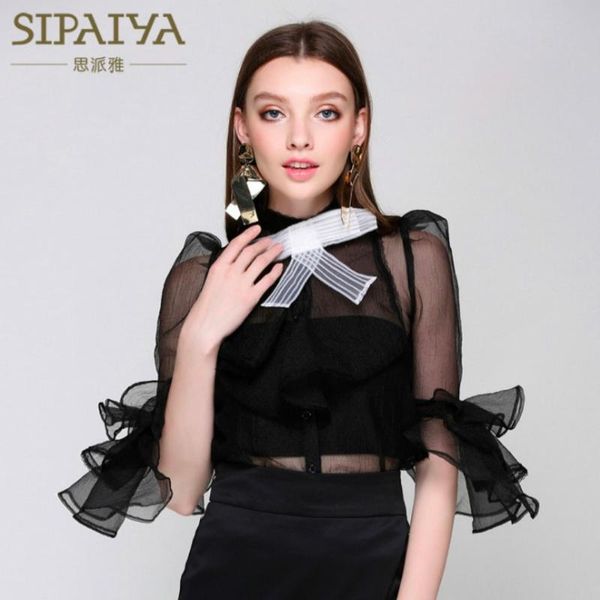 

women's blouses & shirts women 2021 summer runway see-through bow designer ruffles cute female blouse party fashion casual, White