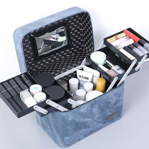 

large capacity makeup bag multi-layer women cosmetic case pu leather female make up box jewelry storage case 211221