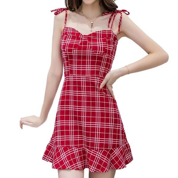 

casual dresses plaid summer women kawaii spaghetti strap mini dress sweet v neck empire party a-line korean vestidos cute clothing idna, Black;gray