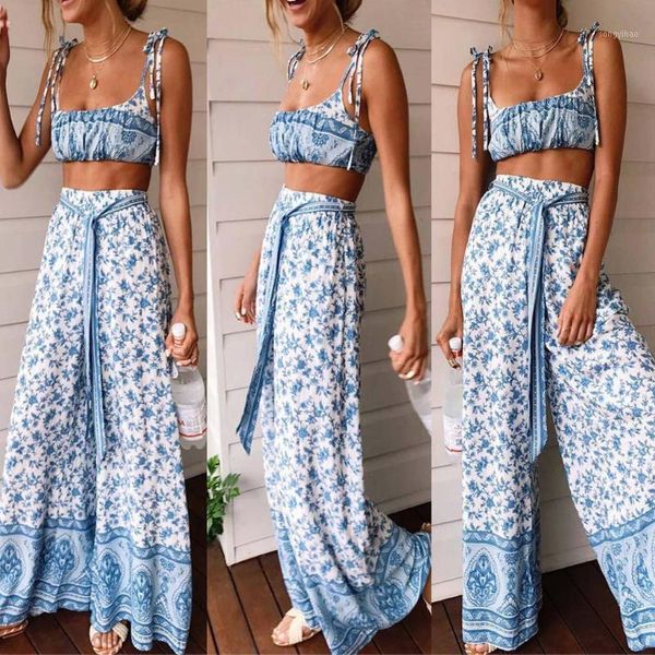 

sleeveless two piece set women 2 pieces sling and long wide leg pants beach bohemia sets summer clothes for #605 women's tracksuit, Gray