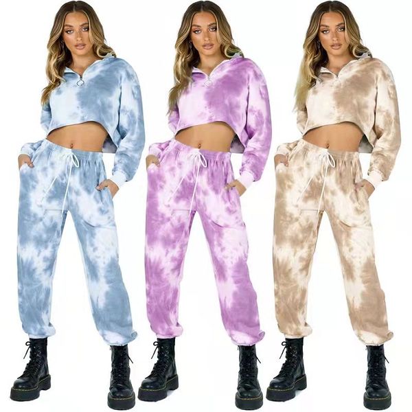 

spring and autumn tie-dye women's tracksuits fashion stand-up collar zipper short sweater two-piece casual trousers with pockets, Gray
