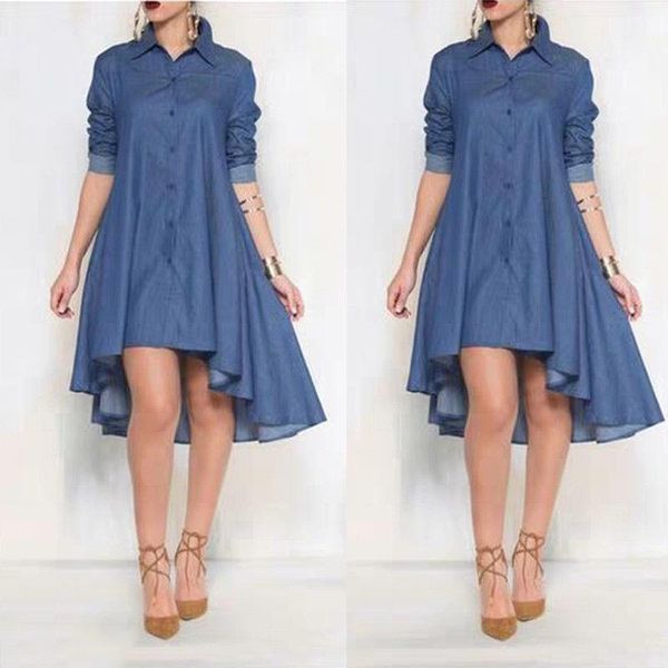 

women dress fashion blue summer long sleeve denim shirt casual turn down collar dresses ruffle loose party clothes, Black;gray