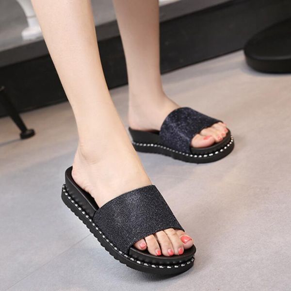 

slippers 2021 summer fashion women wear wild thick bottom casual glitter shoes woman pink sliver ladies slip-on, Black