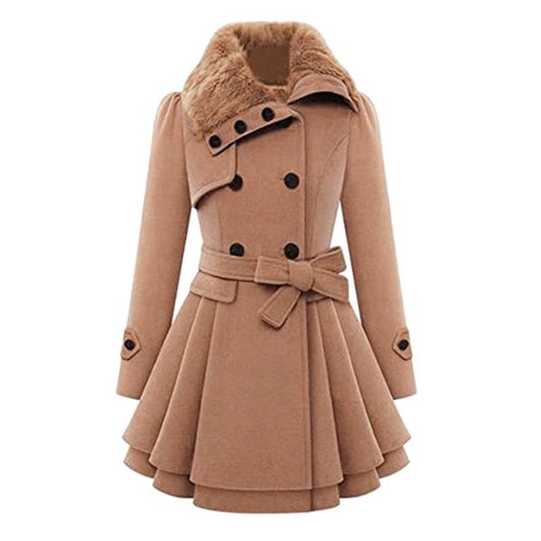 

women's wool & blends women faux warm slim coat jacket thick-parka overcoat long winter outwear womens lapel trench vestidos, Black