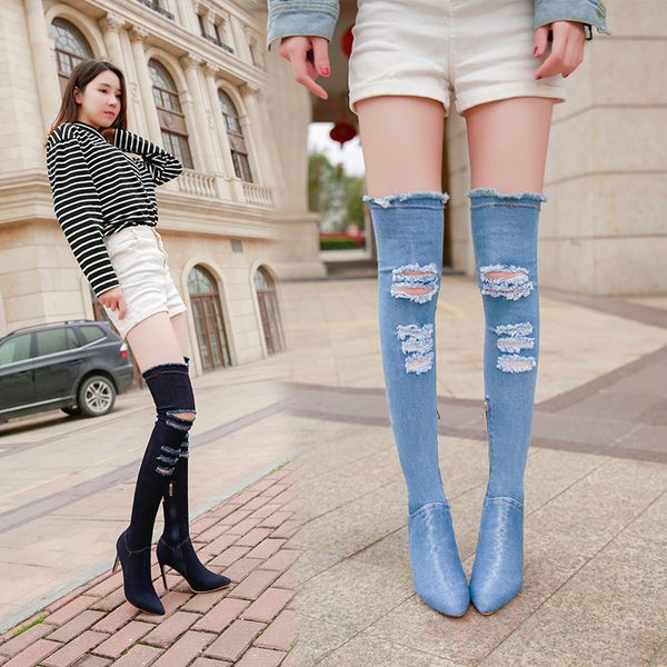 

boots thin heel high heels leg elastic big hole cowboy women's, Black