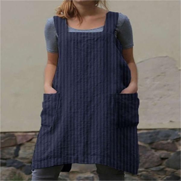 

pocket stripe cotton linen apron dress, Black;gray