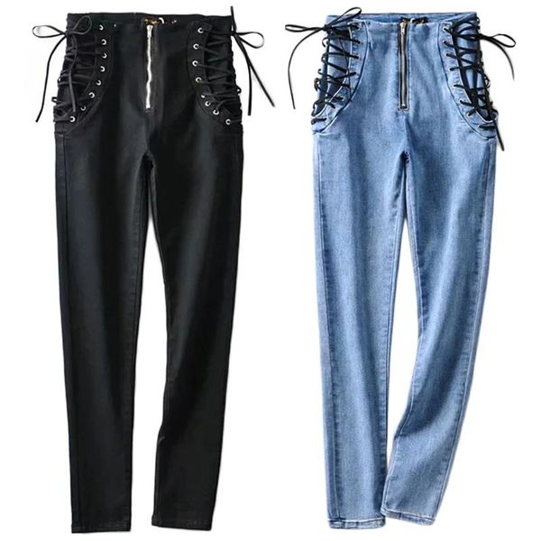 

women's jeans women high waist zipper skinny side cross lace-up bandage long denim pencil pants slim stretch trousers, Blue