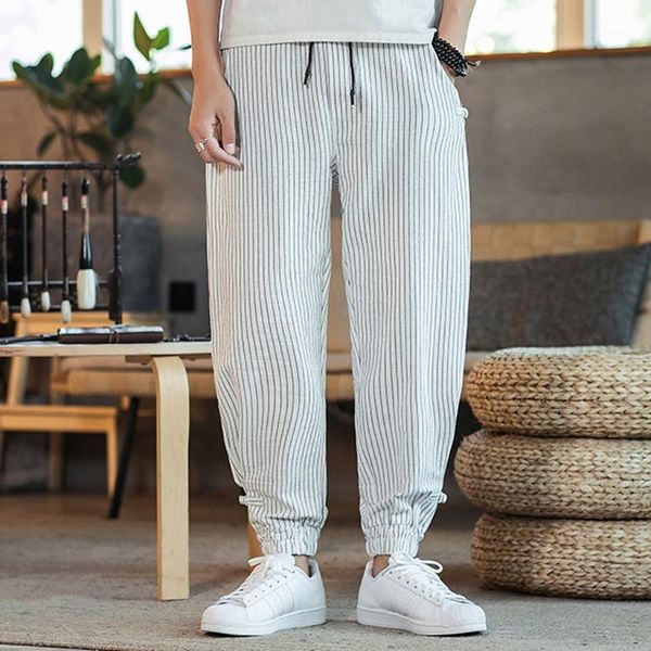 

men's pants harem linen autumn stripe sweatpants chinese style jogger comfortable beam trouser traditional, Black