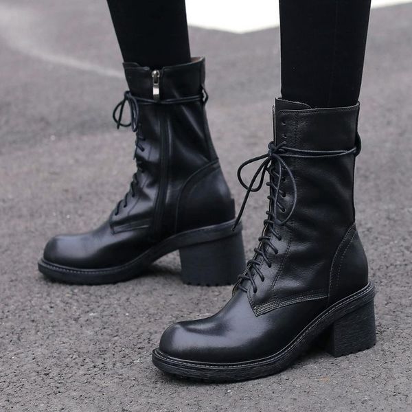 

boots sarairis genuine leather shoes lace winter mid calf square heel round toe brand women designer woman, Black