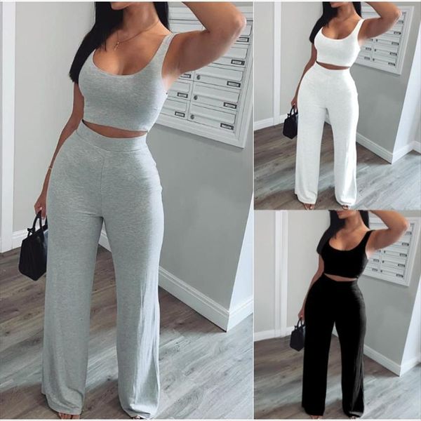 

2pcs tracksuit sets sleeveless womenpant u neck tank elastic waist long straight pants ladies casual solid color sport outfits, White