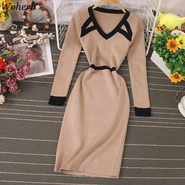 

bodycon dress for women fall clothes slim waist knitted dresses v-neck striped contrast color robe vestidos 210417, White