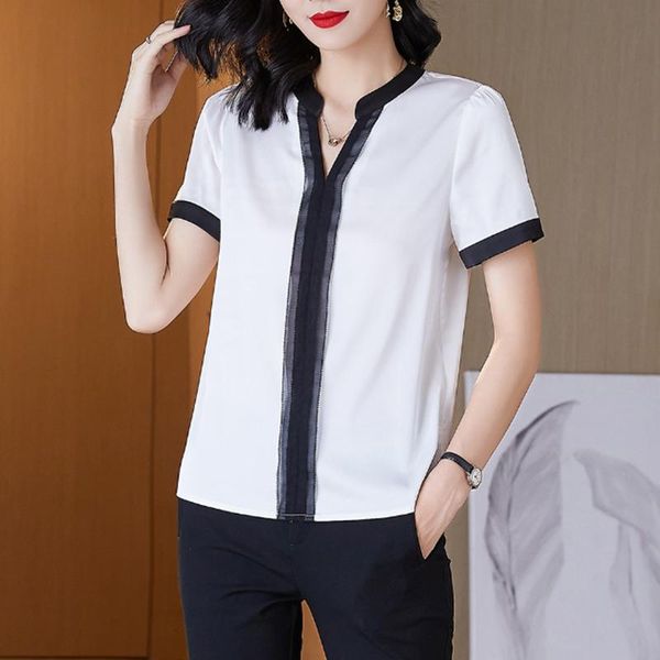 

women's blouses & shirts ljsxls 2021 summer v-neck chiffon women office short sleeve white shirt fashion patchwork chic elegant femme