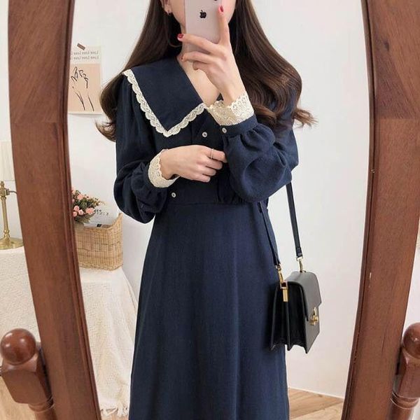 

casual dresses 2021 spring autumn fall french design women fashion long sleeve slim waist a line lace midi dress party cute j322, Black;gray