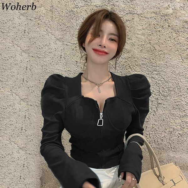 

slim sweater women zipper square collar puff sleeve pullover jumpers female casual streetwear ropa mujer chic 210422, White;black