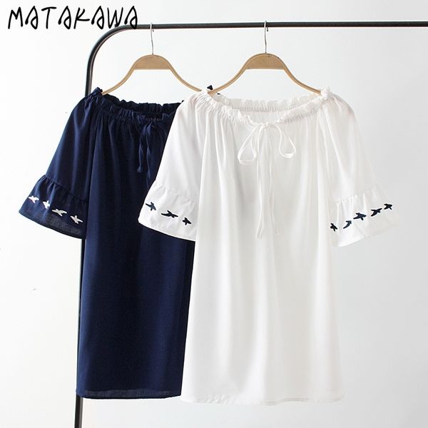 

matakawa summer japanese style tshirts for women loose one-shoulder woman tshirts short-sleeved t-shirt chiffon 210513, White