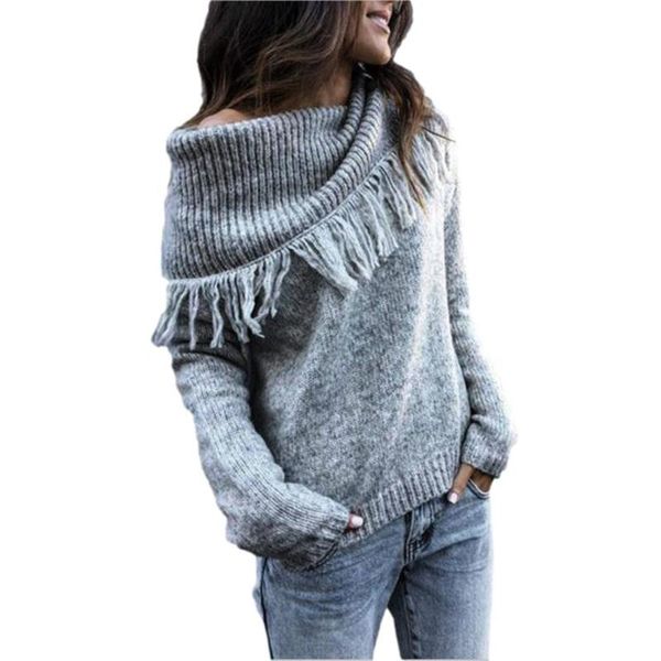 

women's sweaters vicabo fall 2021 women sweater tassel knitted irregular neck jumper winter warm stretch pullover knitwear female, White;black